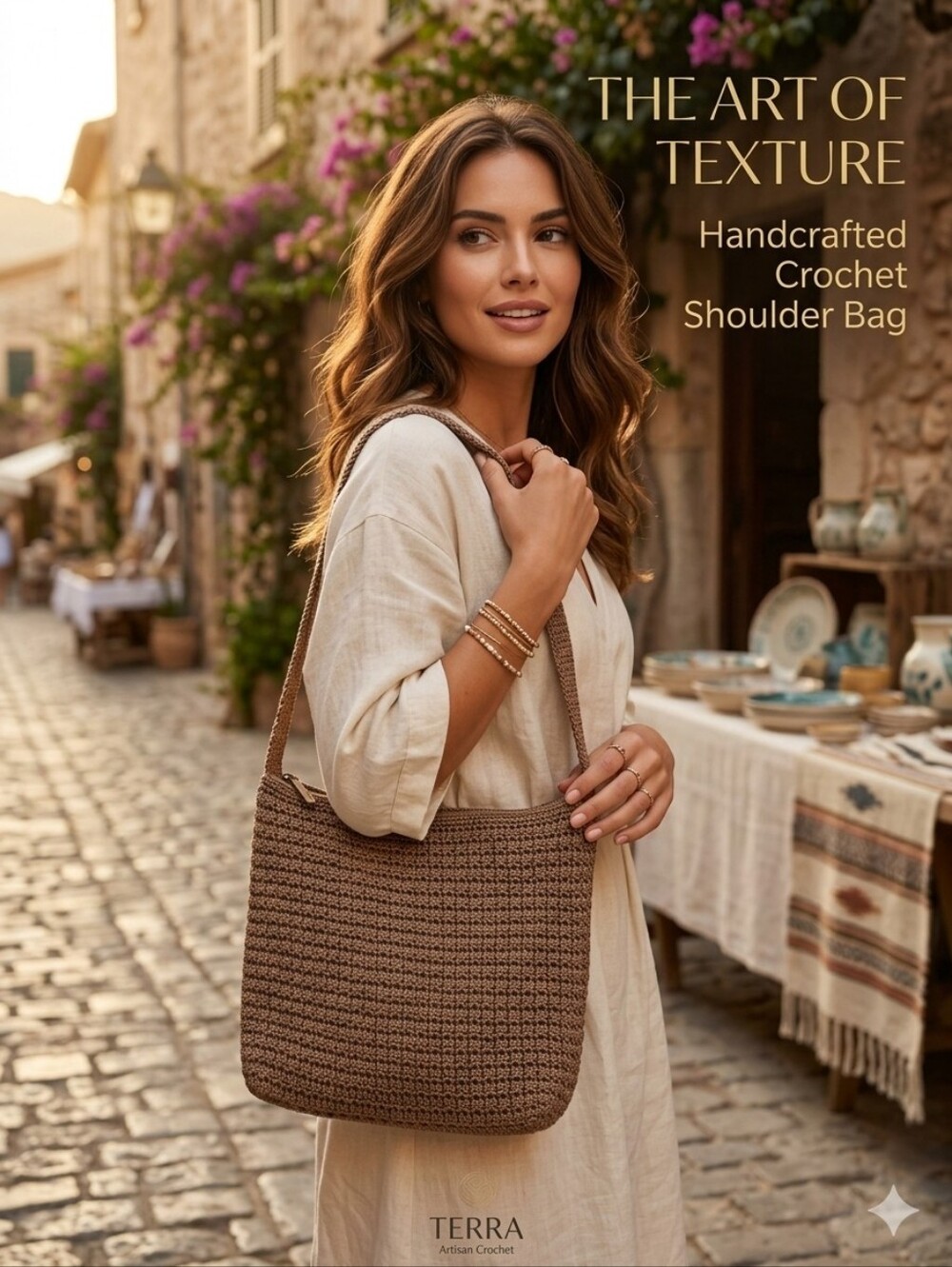 Jacquetine Ferrar Handwoven Crochet Shoulder Bag in Taupe